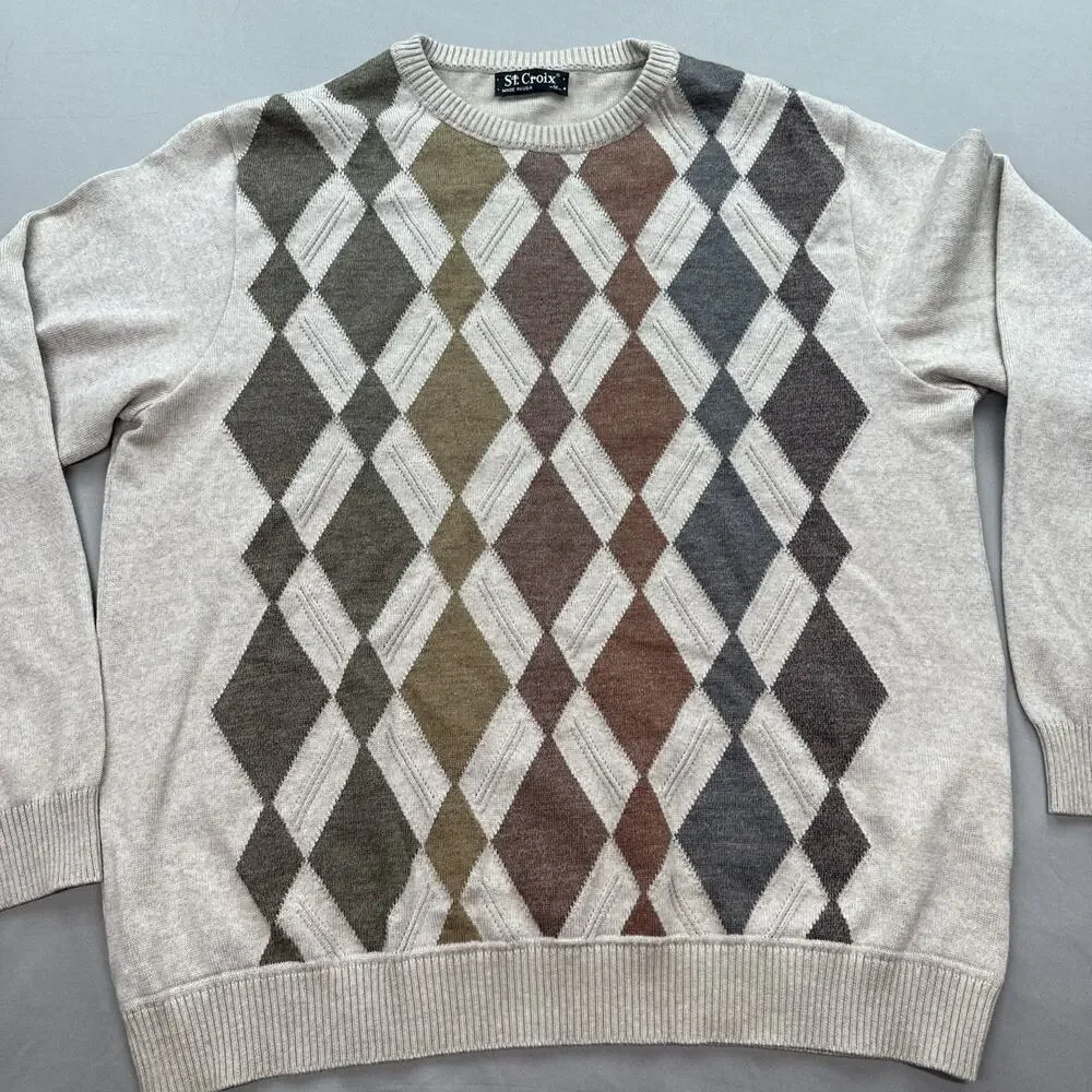 St Croix Sweater Mens Medium Brown Diamond Argyle Cottage Retro USA